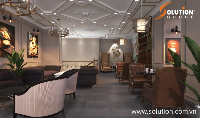 Thiết kế 3d nội thất phong cách tân hoàng gia cổ điển quán cafe Hà Nội