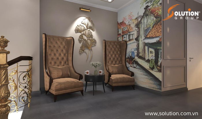 Thiết kế 3d nội thất phong cách tân hoàng gia cổ điển quán cafe Hà Nội