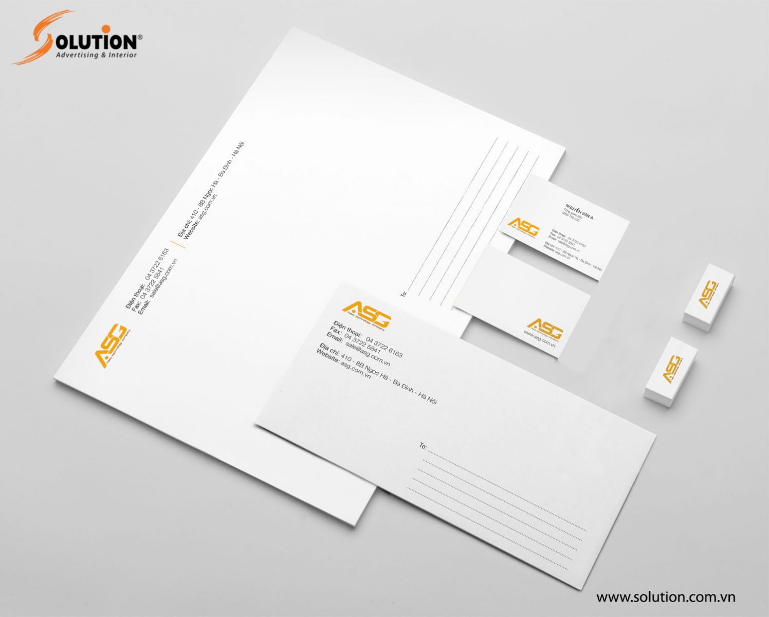 Mẫu tiêu đề thư - namecard - phong bì thư trong hệ thống nhận diện thương hiệu Công ty ASG